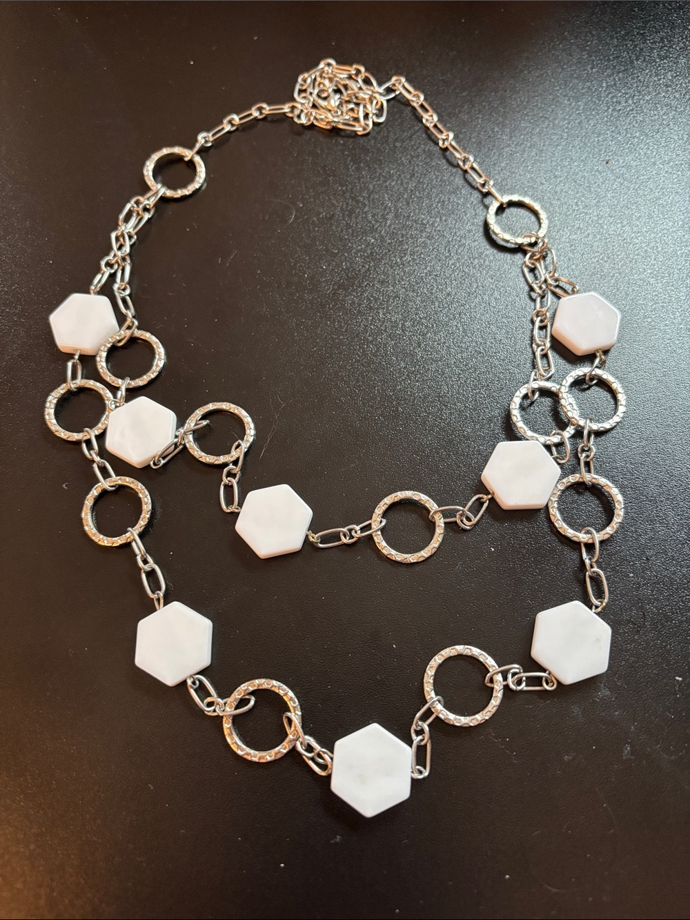 White Hexagon & Silver Link Statement Necklace